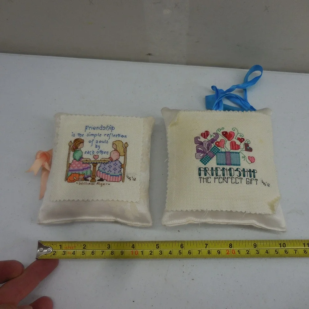 Vintage Cross Stitch Friendship Pillows Set of 2 Handmade Hanging Decor 4.5
